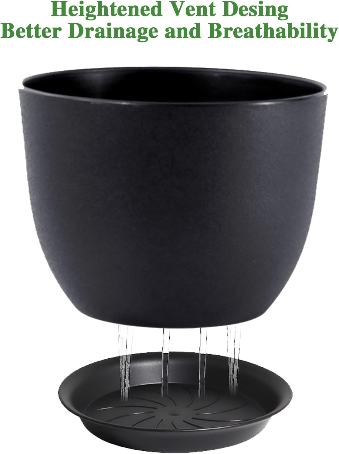CLGardenLTD 12inch Large Plant Pot, Modern Plastic Planter with High Driange Holes and Saucer for Indoor Outdoor Garden Plants and Flowers, Black