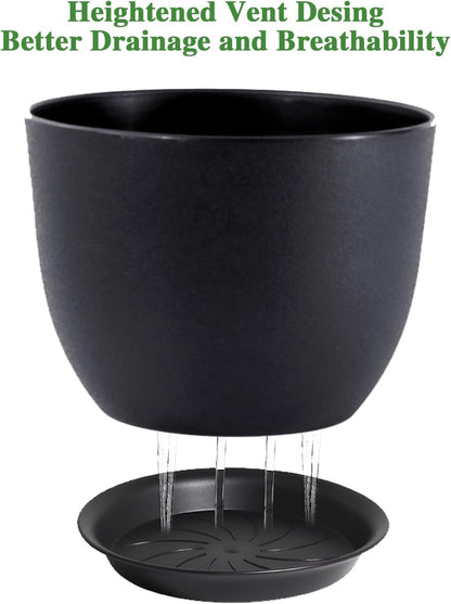 CLGardenLTD 12inch Large Plant Pot, Modern Plastic Planter with High Driange Holes and Saucer for Indoor Outdoor Garden Plants and Flowers, Black