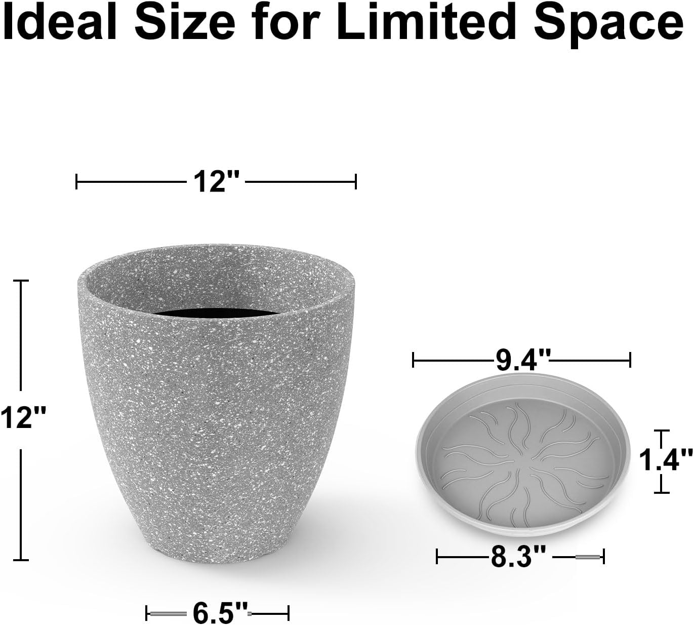 CLGardenLTD Flower Pot Indoor - Outdoor Plant Pot - Gray Rough Planter - Elegant Stone Imitation - 12" Diameter 12" Tall with Drainage Holes and Saucer