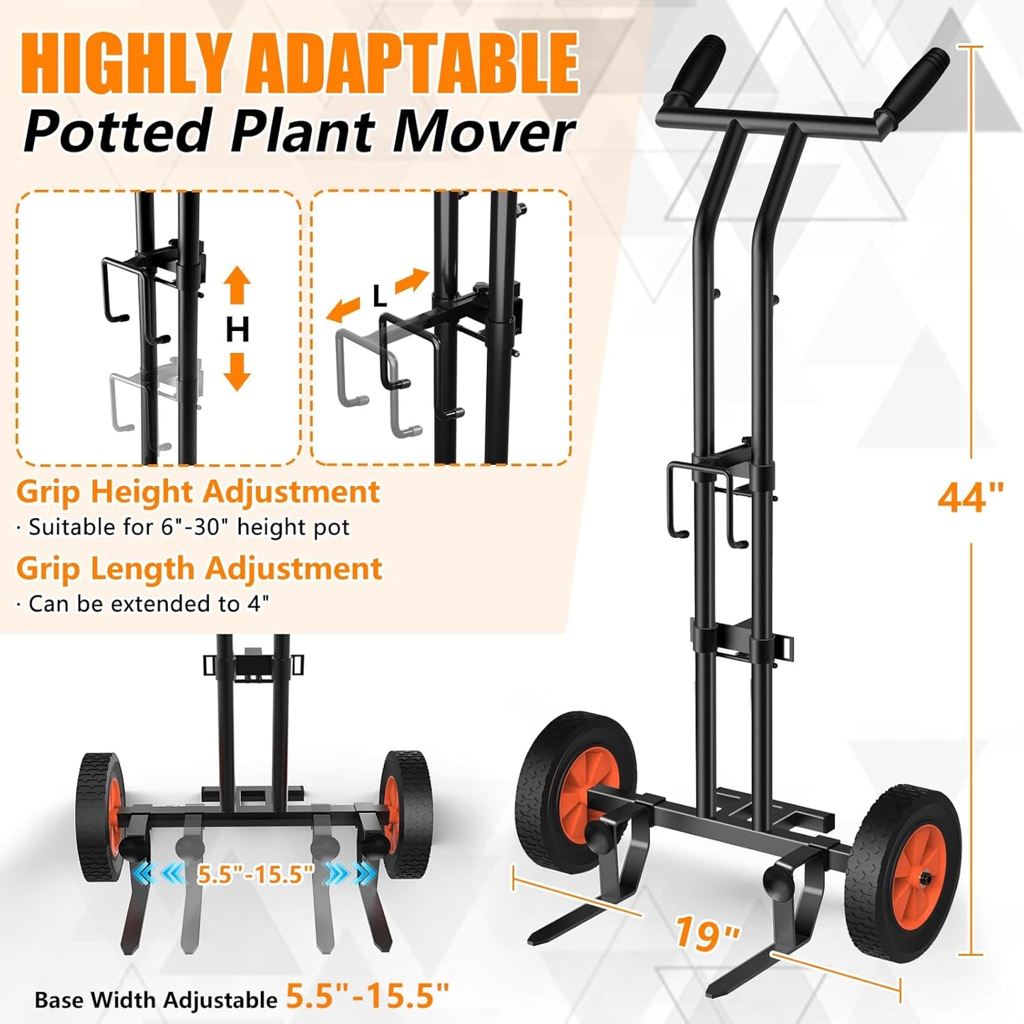 CLGardenLTD Adjustable Plant Caddy with Wheels, Heavy Duty Plant Dolly Cart with Grab Arm and Strap Dual Protection, Garden Potted Plant Mover Dolly for Planter Flower Pots Indoor Outdoor