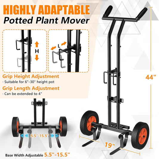 CLGardenLTD Adjustable Plant Caddy with Wheels, Heavy Duty Plant Dolly Cart with Grab Arm and Strap Dual Protection, Garden Potted Plant Mover Dolly for Planter Flower Pots Indoor Outdoor