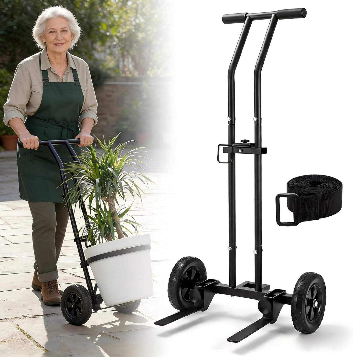 CLGardenLTD Adjustable Plant Caddy with Wheels, Heavy Duty Plant Dolly Cart w/Grab Arm and Strap Dual Protection, Garden Potted Plant Mover Dolly for Planter Flower Pots Indoor Outdoor, Supports 175lbs, Black