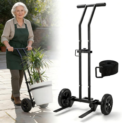 CLGardenLTD Adjustable Plant Caddy with Wheels, Heavy Duty Plant Dolly Cart w/Grab Arm and Strap Dual Protection, Garden Potted Plant Mover Dolly for Planter Flower Pots Indoor Outdoor, Supports 175lbs, Black