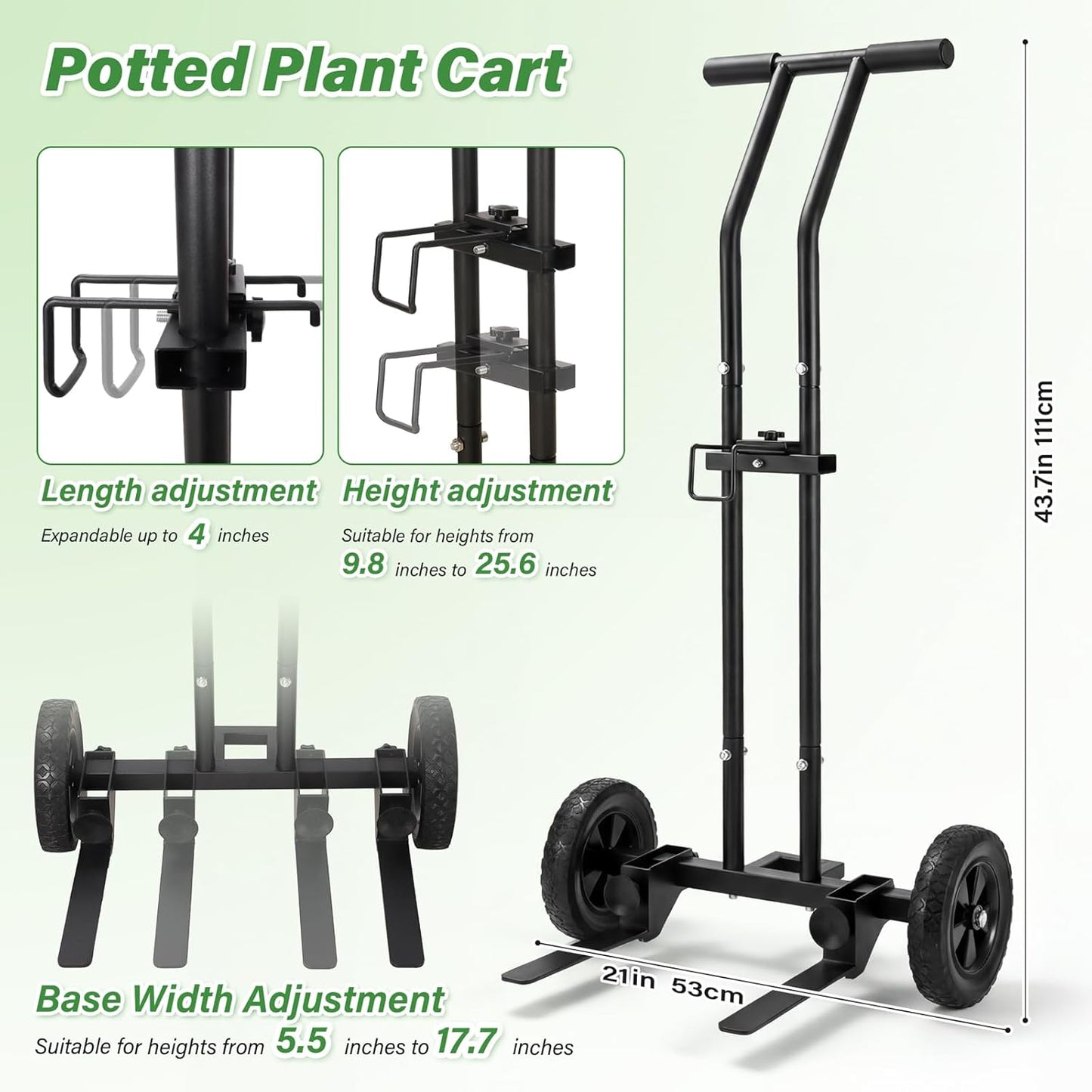 CLGardenLTD Adjustable Plant Caddy with Wheels, Heavy Duty Plant Dolly Cart w/Grab Arm and Strap Dual Protection, Garden Potted Plant Mover Dolly for Planter Flower Pots Indoor Outdoor, Supports 175lbs, Black