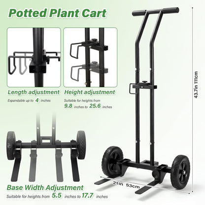 CLGardenLTD Adjustable Plant Caddy with Wheels, Heavy Duty Plant Dolly Cart w/Grab Arm and Strap Dual Protection, Garden Potted Plant Mover Dolly for Planter Flower Pots Indoor Outdoor, Supports 175lbs, Black