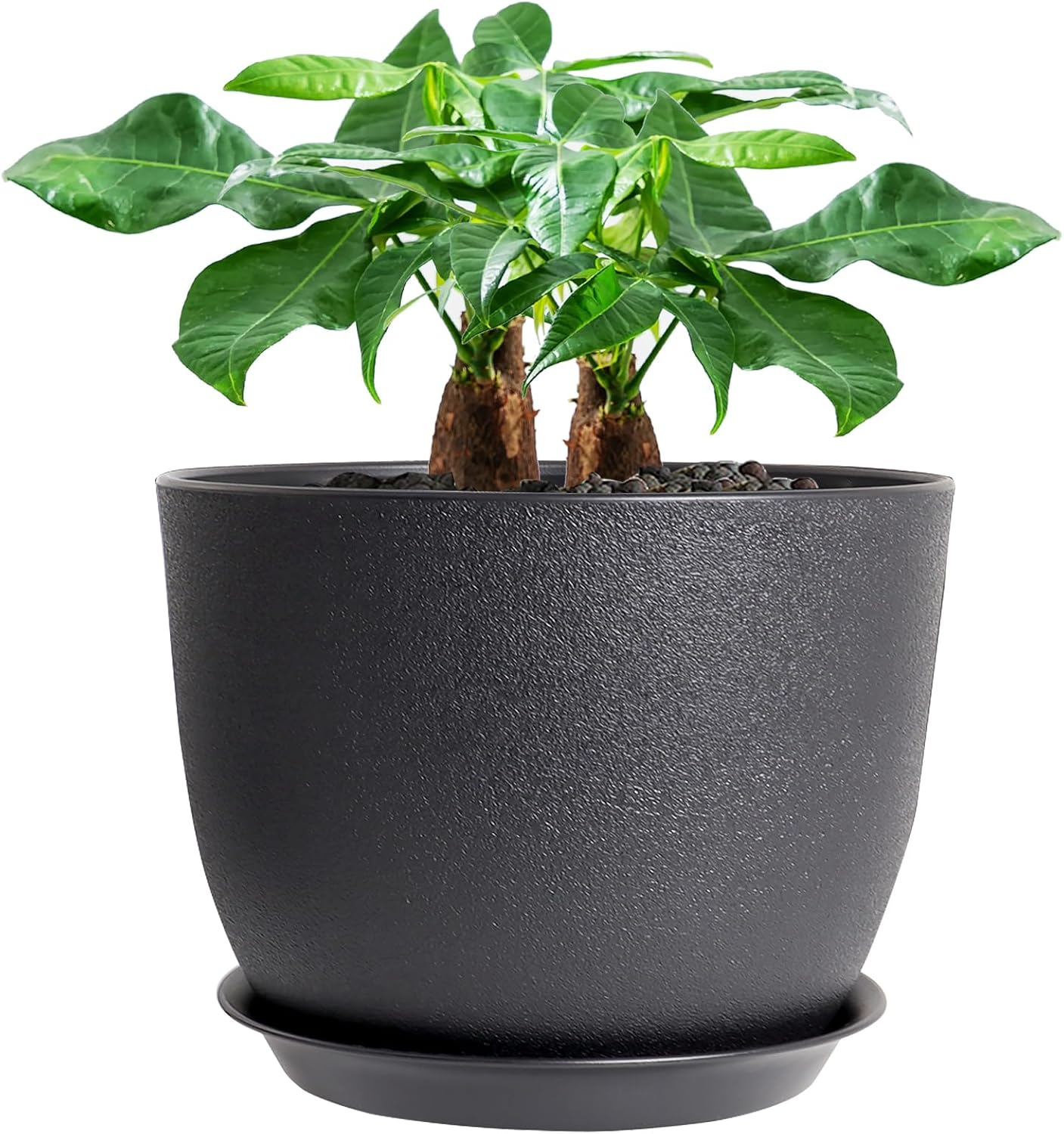 CLGardenLTD 12inch Large Plant Pot, Modern Plastic Planter with High Driange Holes and Saucer for Indoor Outdoor Garden Plants and Flowers, Black