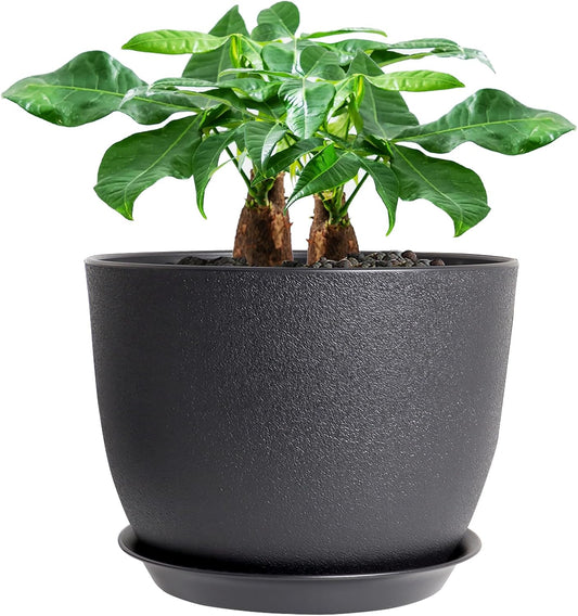 CLGardenLTD 12inch Large Plant Pot, Modern Plastic Planter with High Driange Holes and Saucer for Indoor Outdoor Garden Plants and Flowers, Black
