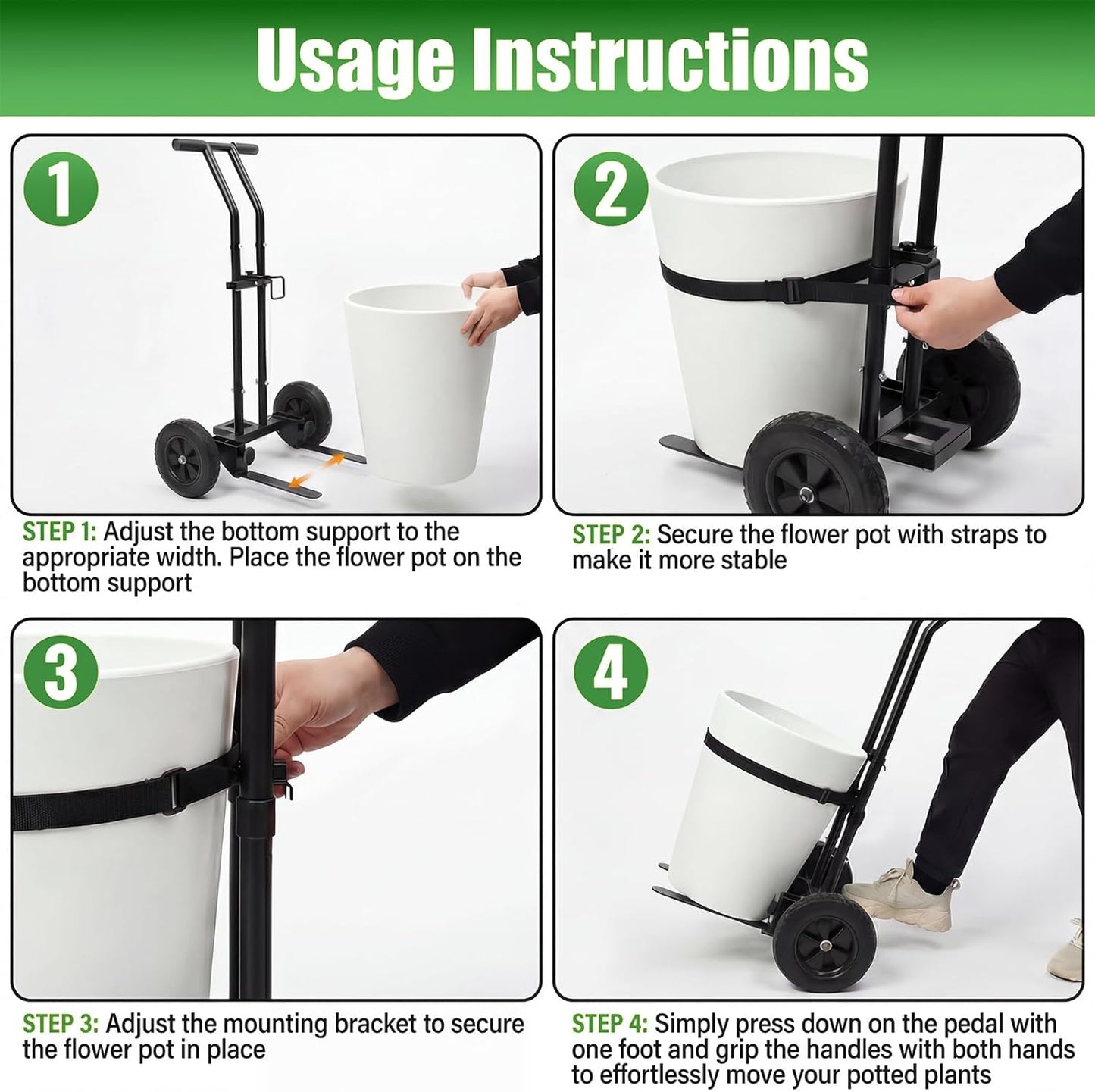 CLGardenLTD Adjustable Plant Caddy with Wheels, Heavy Duty Plant Dolly Cart w/Grab Arm and Strap Dual Protection, Garden Potted Plant Mover Dolly for Planter Flower Pots Indoor Outdoor, Supports 175lbs, Black