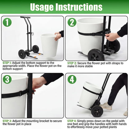CLGardenLTD Adjustable Plant Caddy with Wheels, Heavy Duty Plant Dolly Cart w/Grab Arm and Strap Dual Protection, Garden Potted Plant Mover Dolly for Planter Flower Pots Indoor Outdoor, Supports 175lbs, Black