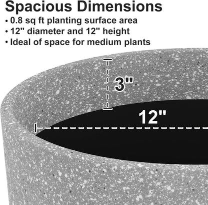 CLGardenLTD Flower Pot Indoor - Outdoor Plant Pot - Gray Rough Planter - Elegant Stone Imitation - 12" Diameter 12" Tall with Drainage Holes and Saucer