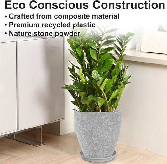 CLGardenLTD Flower Pot Indoor - Outdoor Plant Pot - Gray Rough Planter - Elegant Stone Imitation - 12" Diameter 12" Tall with Drainage Holes and Saucer