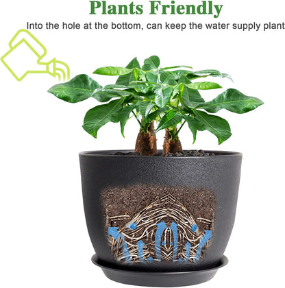 CLGardenLTD 12inch Large Plant Pot, Modern Plastic Planter with High Driange Holes and Saucer for Indoor Outdoor Garden Plants and Flowers, Black