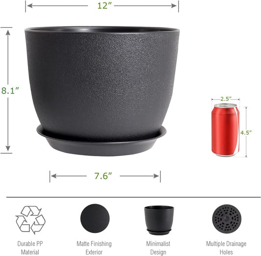 CLGardenLTD 12inch Large Plant Pot, Modern Plastic Planter with High Driange Holes and Saucer for Indoor Outdoor Garden Plants and Flowers, Black
