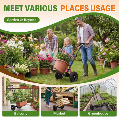 CLGardenLTD Adjustable Plant Caddy with Wheels, Heavy Duty Plant Dolly Cart w/Grab Arm and Strap Dual Protection, Garden Potted Plant Mover Dolly for Planter Flower Pots Indoor Outdoor, Supports 175lbs, Black