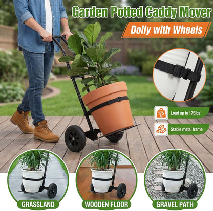 CLGardenLTD Adjustable Plant Caddy with Wheels, Heavy Duty Plant Dolly Cart w/Grab Arm and Strap Dual Protection, Garden Potted Plant Mover Dolly for Planter Flower Pots Indoor Outdoor, Supports 175lbs, Black