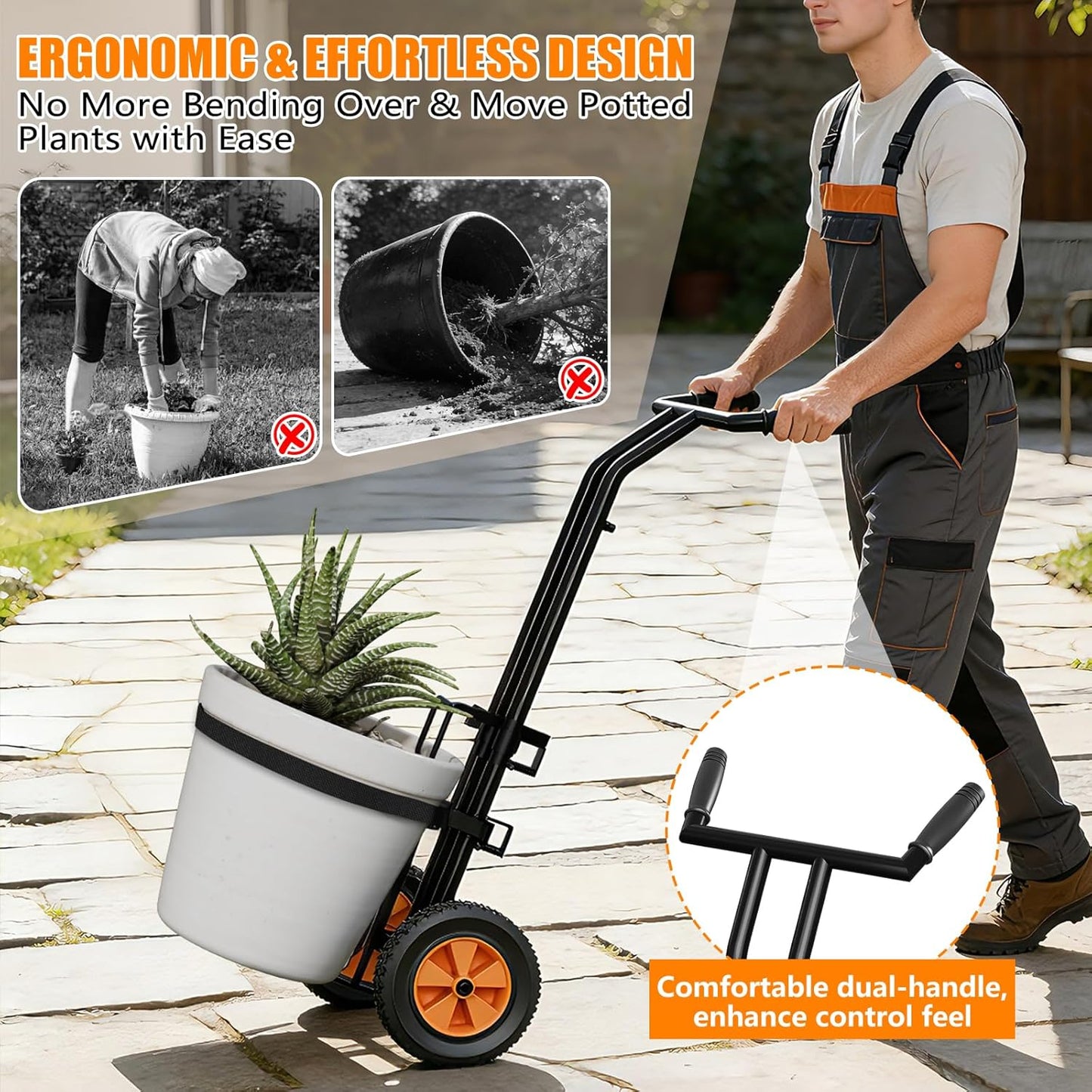 CLGardenLTD Adjustable Plant Caddy with Wheels, Heavy Duty Plant Dolly Cart with Grab Arm and Strap Dual Protection, Garden Potted Plant Mover Dolly for Planter Flower Pots Indoor Outdoor