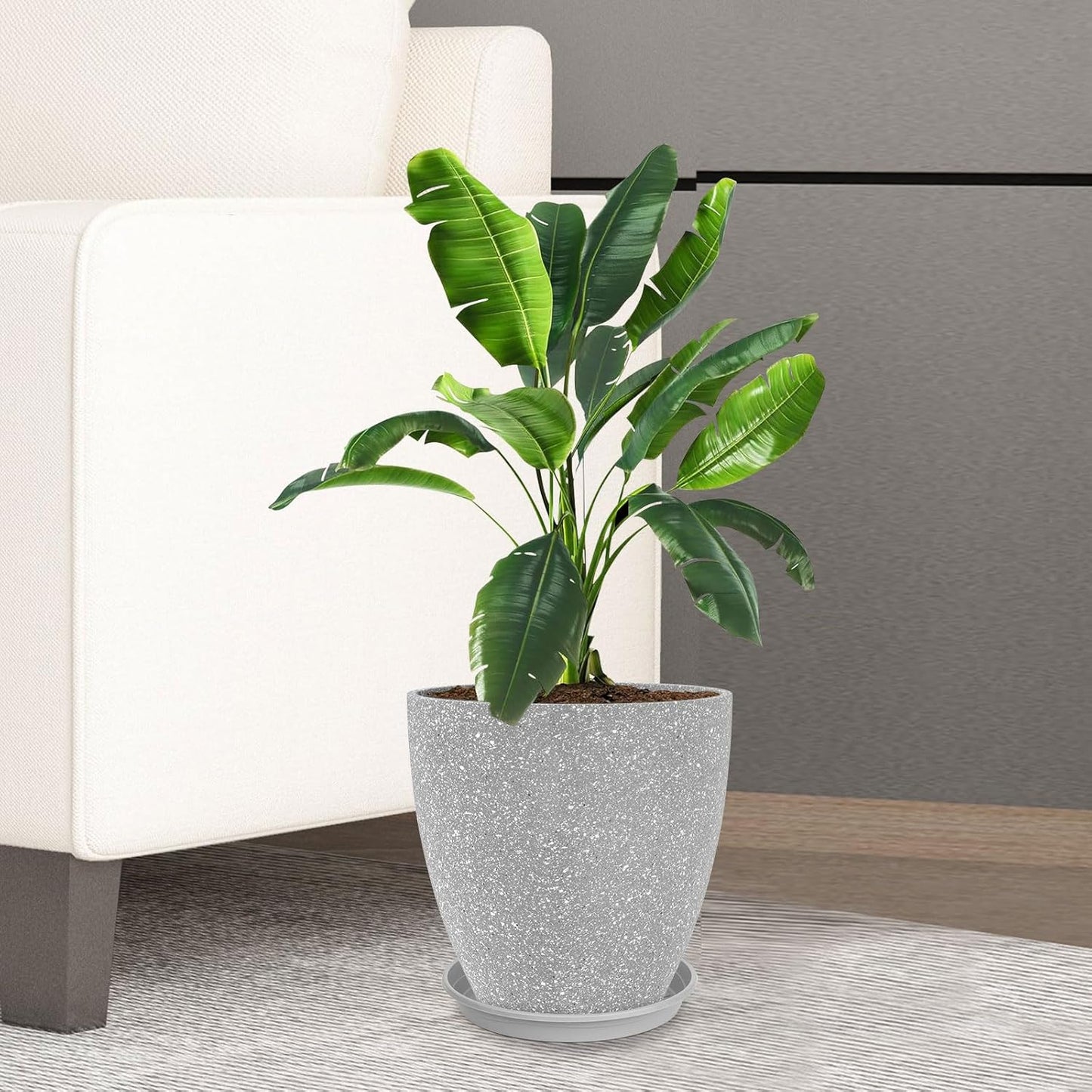 CLGardenLTD Flower Pot Indoor - Outdoor Plant Pot - Gray Rough Planter - Elegant Stone Imitation - 12" Diameter 12" Tall with Drainage Holes and Saucer