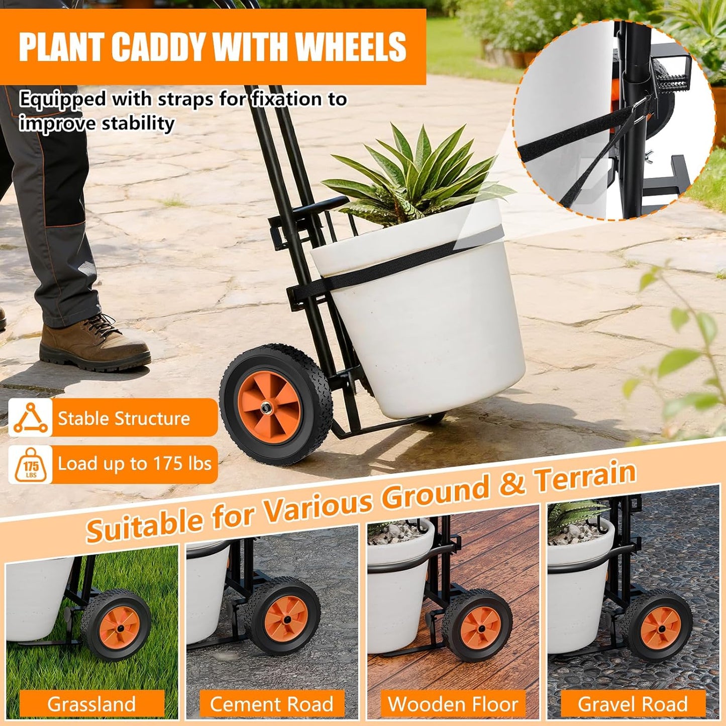 CLGardenLTD Adjustable Plant Caddy with Wheels, Heavy Duty Plant Dolly Cart with Grab Arm and Strap Dual Protection, Garden Potted Plant Mover Dolly for Planter Flower Pots Indoor Outdoor
