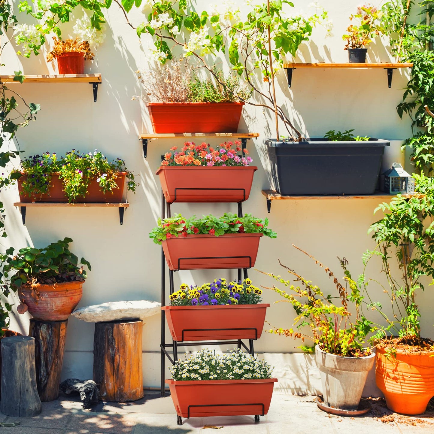 CLGardenLTD Raised Garden Bed 4 Tier Vertical Garden Planter Indoor Outdoor Herb Planter with Legs Elevated Garden Planters for Flowers Vegetables Plants, Brick Red
