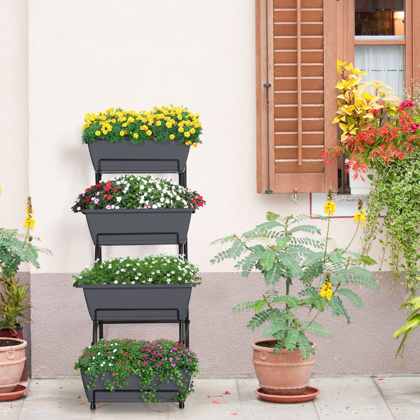 CLGardenLTD Raised Garden Bed 4 Tier Vertical Garden Planter Indoor Outdoor Herb Planter with Legs Elevated Garden Planters for Flowers Vegetables Plants, Brick Red