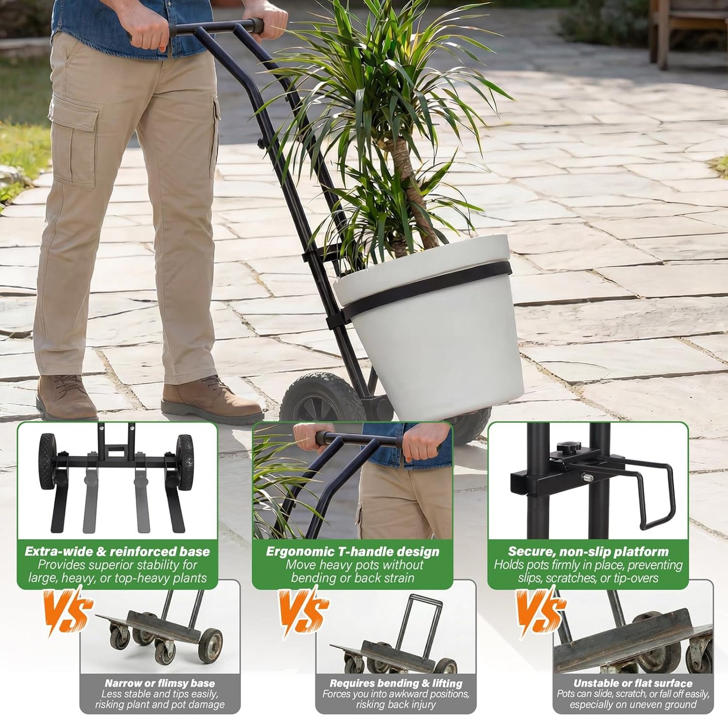 CLGardenLTD Adjustable Plant Caddy with Wheels, Heavy Duty Plant Dolly Cart w/Grab Arm and Strap Dual Protection, Garden Potted Plant Mover Dolly for Planter Flower Pots Indoor Outdoor, Supports 175lbs, Black